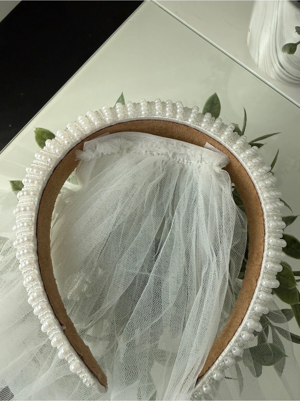 White Beaded Pearl Headband with Veil